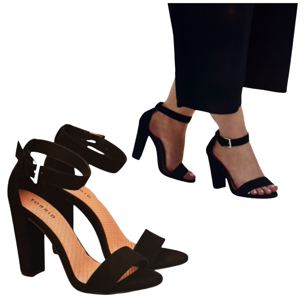 Torrid Staci Ankle Strap, Rich Faux Suede Tapered Heel Sandals, Size 8.5 WW
